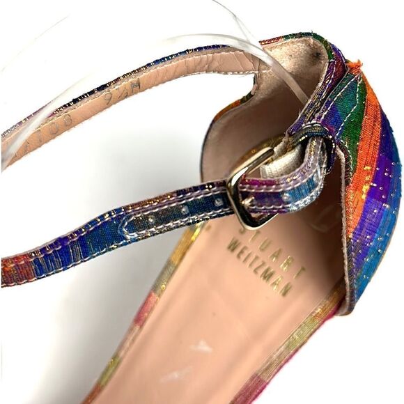 STUART WEITZMAN Metallic Rainbow Plaid Leather Ankle Strap Nunaked Sandals 9,5 - Picture 5 of 15